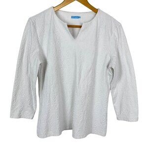 J. McLaughlin Catalina Cloth White Size Lrg Textured Top 3/4 Sleeve Geometric
